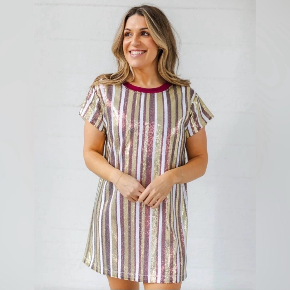 NWT Mary Square Game Day Julia Striped Sequin Dress Garnet Gold